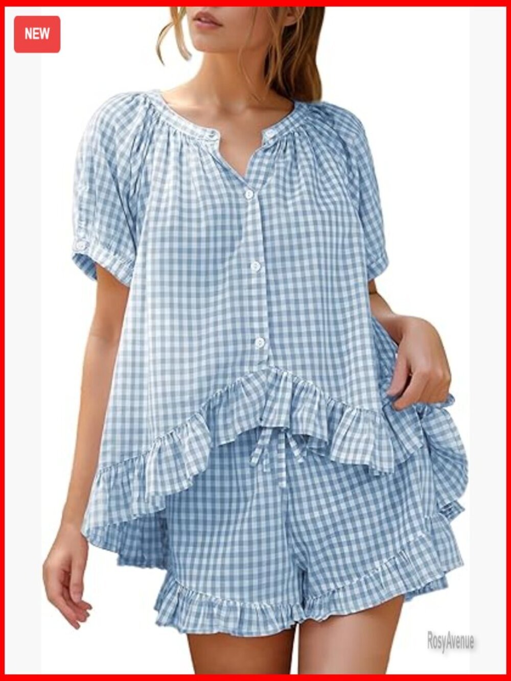 Women's 2 Piece Pajama Set Puff Sleeve Babydoll Top Shorts Cotton Loungewear